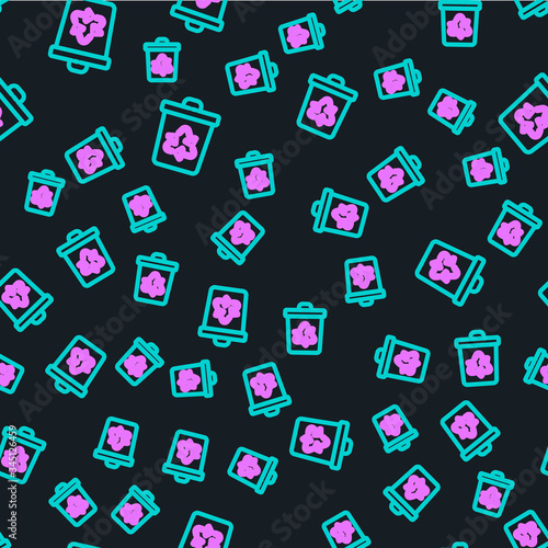 Line Recycle bin with recycle symbol icon isolated seamless pattern on black background. Trash can icon. Garbage bin sign. Recycle basket sign.  Vector Illustration