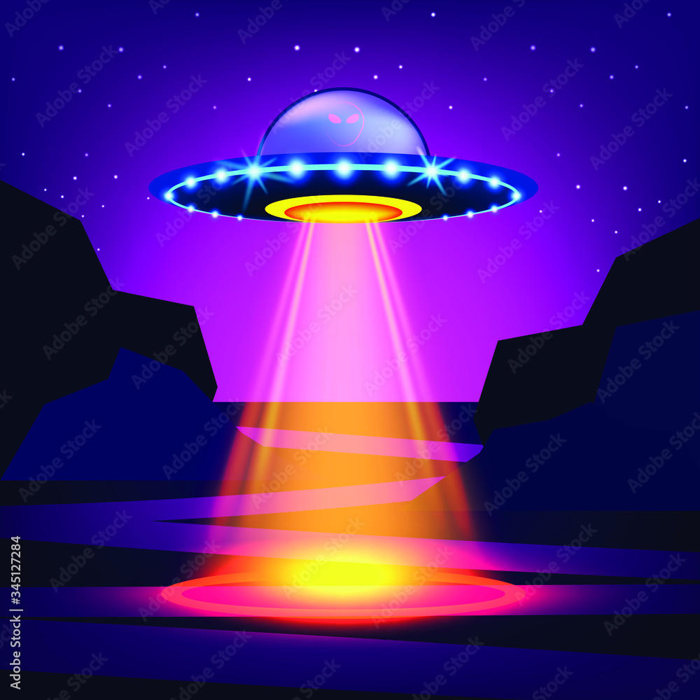 Alien and Ufo flying spaceship with light beam at night Sea and Sky Vector illustration Alien and Ufo flying spaceship with light beam at night Sea and Sky Vector illustration