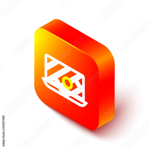 Isometric line Infographic of city map navigation icon isolated on white background. Laptop App Interface concept design. Geolocation concept. Orange square button. Vector Illustration