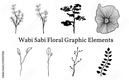 Set not perfect black graphic simple plants elements for your design. Silhouettes branches, bonsai and abstract element. Illustration isolated on white. Hand drawing vector asia sign, symbol. Wabi