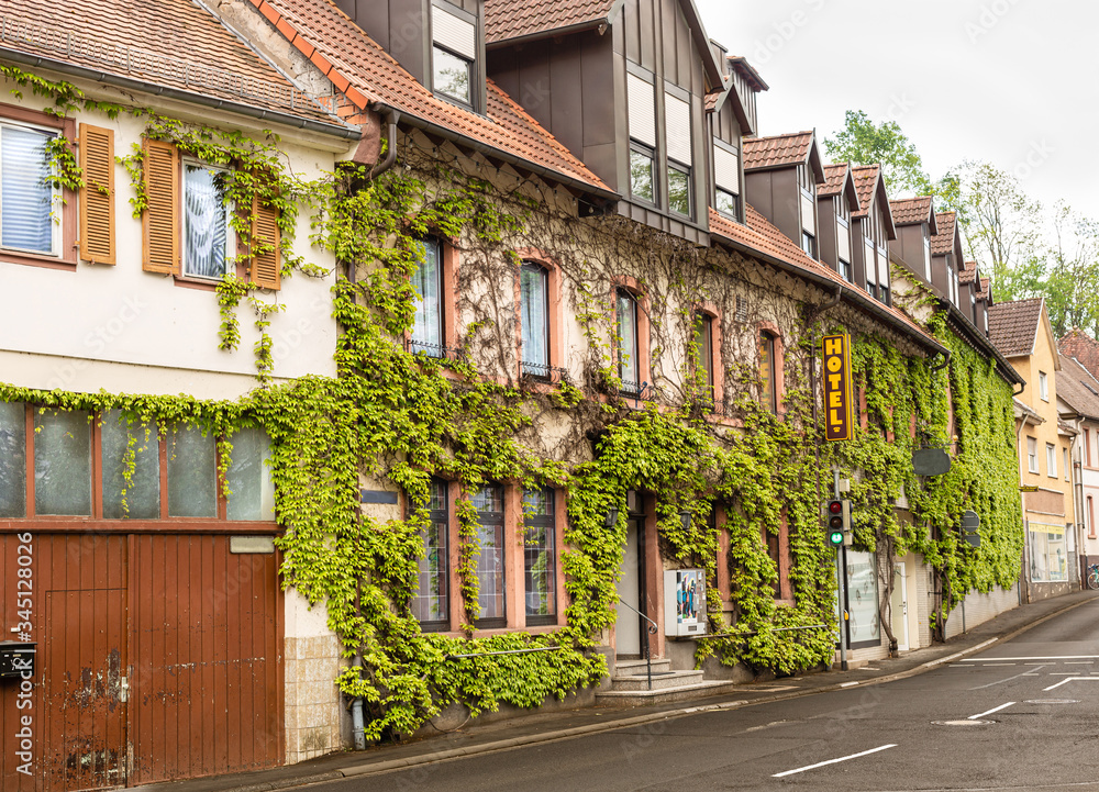 Stary hotel obrosniety bluszczem. Budynek przy ulicy. Pokoje goscinne. Hotel w Niemczech na Bawarii.  Architektura w Nimczech.