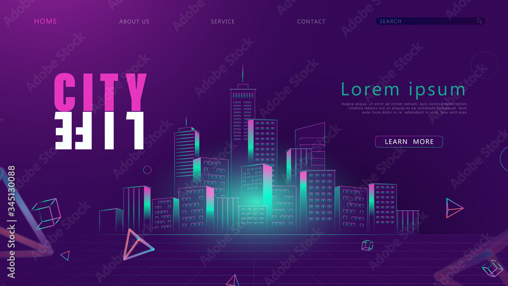 Futuristic retro Night City Skyline in 80s 90s style. Digital retro landscape cyber surface. Banner, web page, presentation, landing page template. Vector illustration