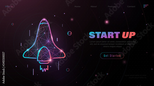 Business Start Up Concept for banner, web page, presentation, landing page template. Rocket launch into undiscovered space. Low poly wireframe. Vector illustration
