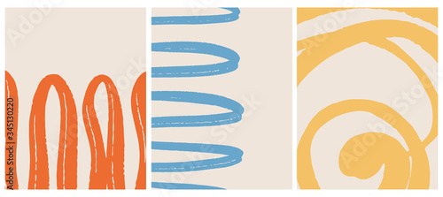 Simple Geometric Vector Layouts. Pale Red, Blue and Pastel Yellow Free Hand Lines Isolated on a Light Beige Background. Simple Abstract Vector Prints with Zig zags and Waves Ideal for Layout, Cover.
