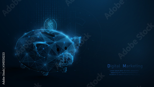 Piggy bank vector icon. Digital online marketing and Digital money concept. Low poly wireframe. Vector illustration