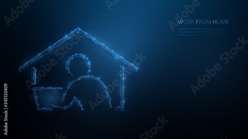 Work from home icon. Businessman working on laptop computer at home. Social distancing. Low poly wireframe. Vector illustration