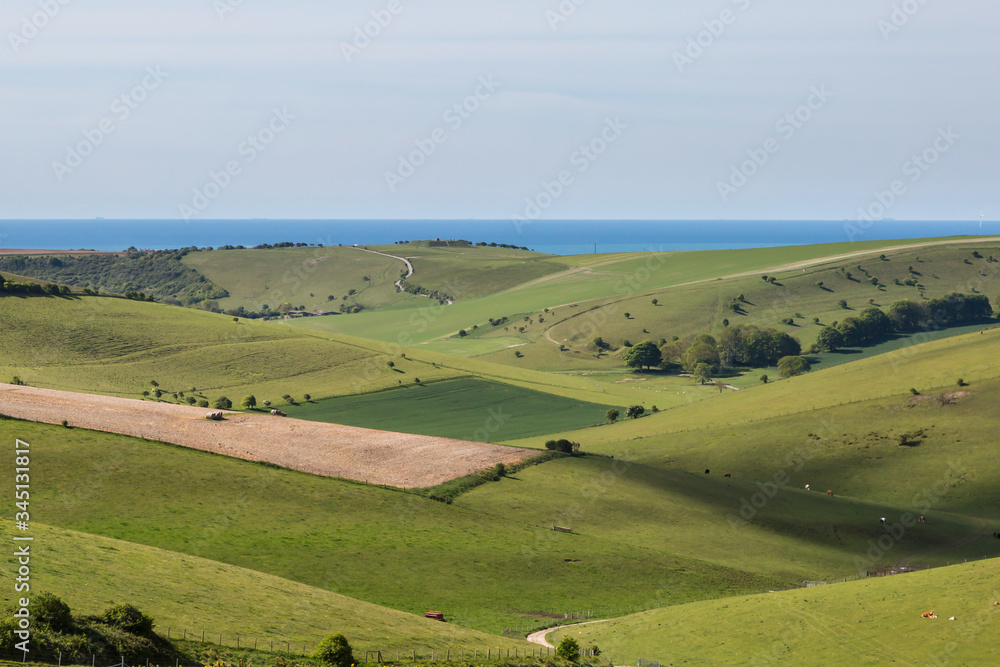 Looking out over the rolling landscape of the South Downs with the Sussex coast in the distance