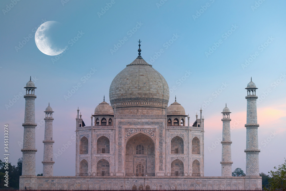 Taj Mahal Agra India and moon in sky