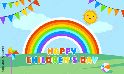 Happy children's day. Rainbow, blue sky, green grass, flags, sun, ball, toy. Childhood. Children's rights holiday. Vector illustration
