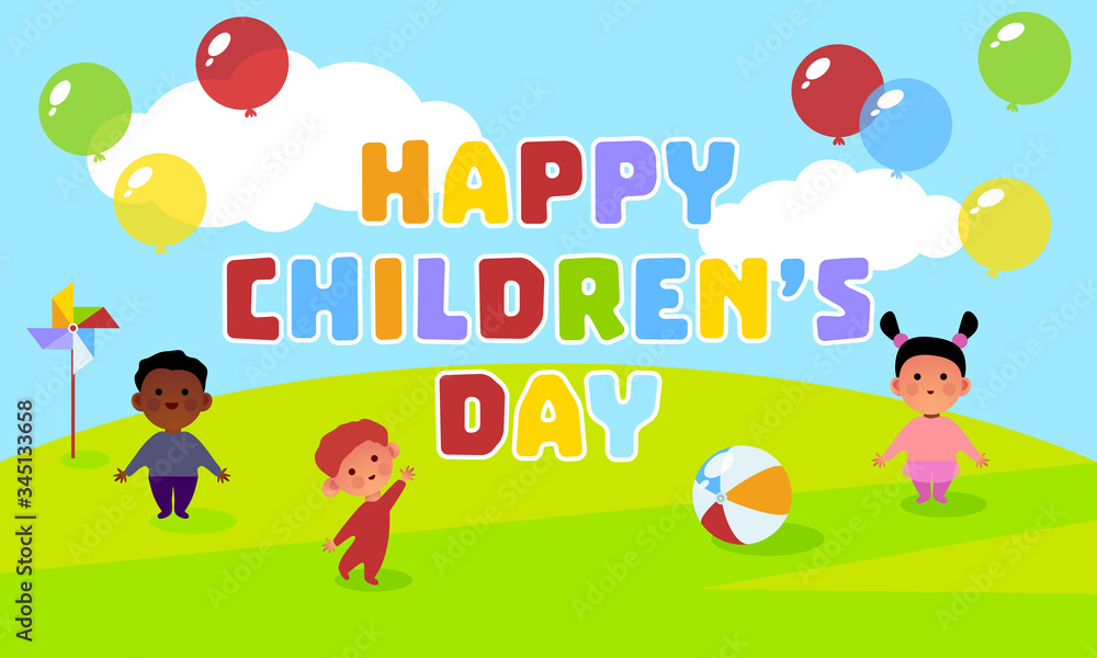 Happy children's day. Children. Friendship. Blue sky, green grass, balloons, sun, ball, toy. Childhood. Children's rights holiday. Vector illustration