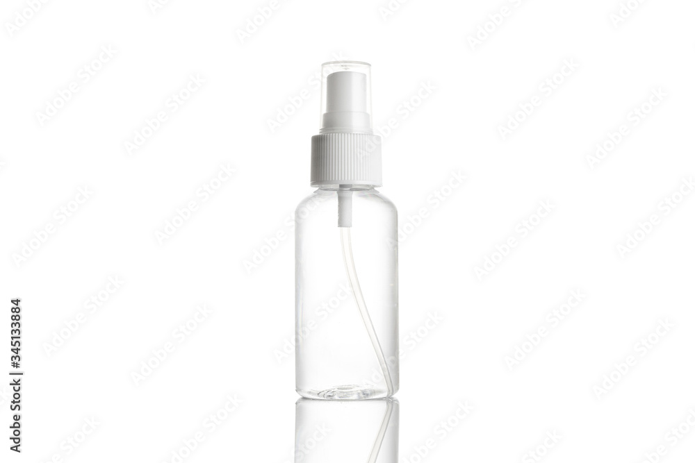 Blank bottle for soap shampoo and mineral cosmetic. Clear plastic cap for sanitizer gel or water isolated on white. Spray, pump transparent background.