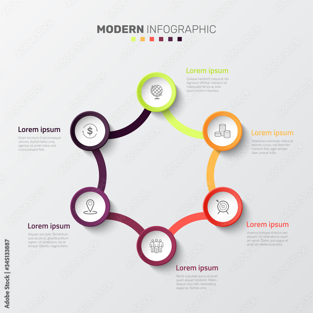 Vector modern infographic data design template. Vector illustration with 6 steps and icons. Can be used for workflow layout, diagram, annual report, web design. Vector modern infographic data design template. Vector illustration with 6 steps and icons. Can be used for workflow layout, diagram, annual report, web design.