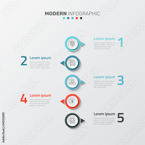 Vector modern infographic data design template. Vector illustration with 5 steps and icons. Can be used for workflow layout, diagram, annual report, web design.