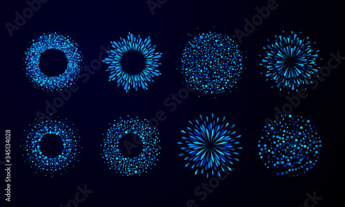 Water blobs round frames set. Ring shape radial templates collection for borders, backgrounds, design elements. Circle, blue drops, blue droplets, paint splashes, specks, uneven dots, tiny spots