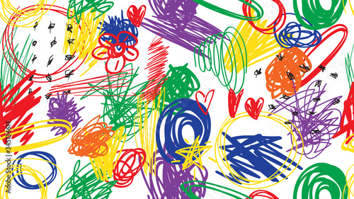 Abstract pattern with Bright background. Vector illustration. Like child's hand drawn seamless pattern.  Like kid`s hand painting cute colorful background. Summer design. Bright hand painted art