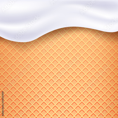 White cream in realistic style on wafer background. Vanilla ice cream in a waffle Ice cream flavors in a waffle Ice cream waffle wafer drops background with sauce. Sweet ice-cream waffle cup