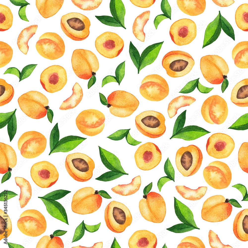 Obraz premium Seamless pattern with fresh apricots and green leaves on white background. Hand drawn watercolor illustration.