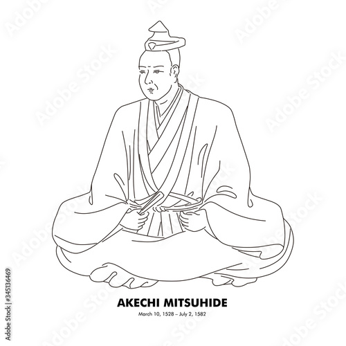 明智光秀（1528 – 1582）　歴史上の人物　日本　線画イラスト