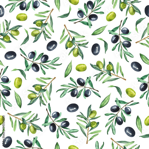 Seamless pattern with fresh green and dark olive branches on white background. Hand drawn watercolor illustration.