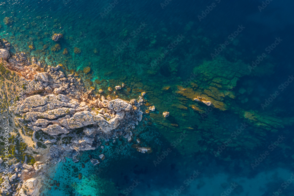 Rocks, cliffs in the sea. Aerial  view