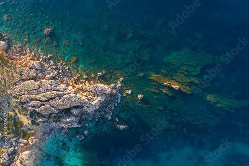 Rocks, cliffs in the sea. Aerial view