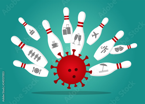 Coronavirus knocks out a punch in the bowling alley. The skittles have an icon for restricted activities.