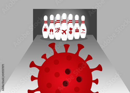 The coronavirus is rolling down the bowling alley. The skittles with the name of the limited types of activities.