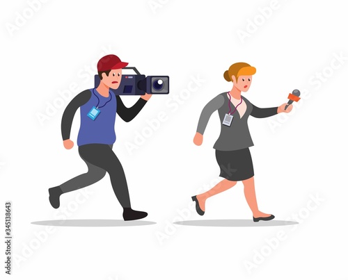 Reporter and cameraman running, Journalist activity in cartoon flat illustration vector isolated in white background