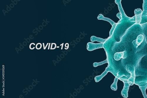Half coronovirus cell with text COVID-19, closeup illustration