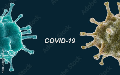 Half coronovirus cell with text COVID-19
