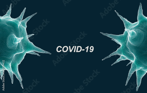Half coronovirus cell with text COVID-19