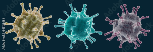 Three coronovirus cells of different colors