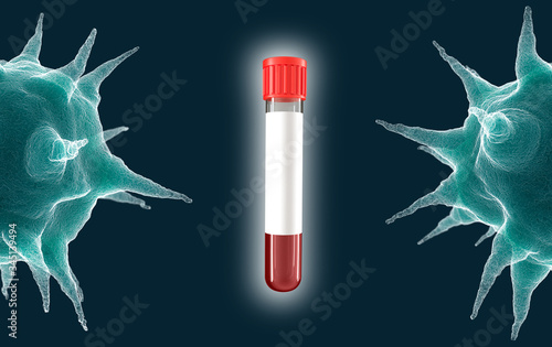 Half coronovirus cell with blood test tube