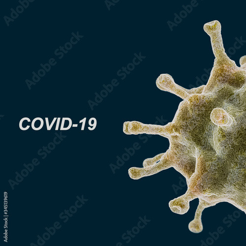 Half coronovirus cell with text COVID-19, closeup illustration