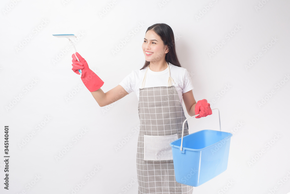 Beautiful woman housekeeper portrait on white background Beautiful woman housekeeper portrait on white background