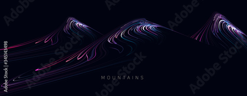Abstract futuristic lanscape of mountain splopes formed of bright lines with rays of light, dark night digital design