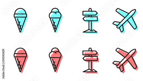 Set line Road traffic signpost, Ice cream in waffle cone, Ice cream in waffle cone and Plane icon. Vector