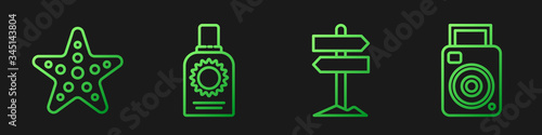 Set line Road traffic signpost, Starfish, Sunscreen spray bottle and Photo camera. Gradient color icons. Vector