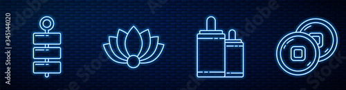 Set line Firework, Firework, Lotus flower, Chinese Yuan currency and Chinese paper lantern. Glowing neon icon on brick wall. Vector