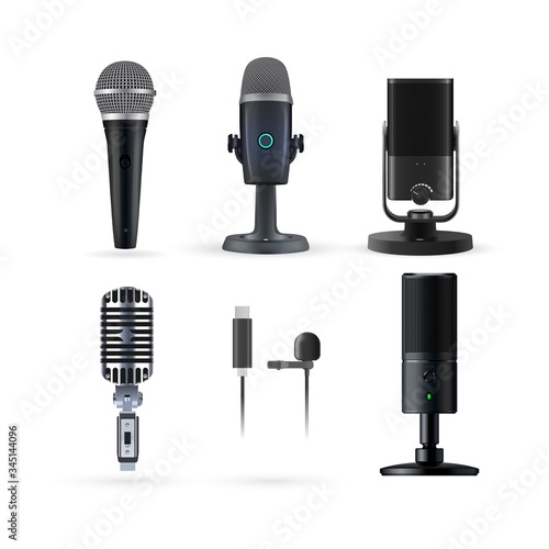 Microphone isolated. Realistic radio and music microphone vector set. Modern karaoke microphone and radio mic stand on white background. Music media entertaiment and audio professional voice equipment