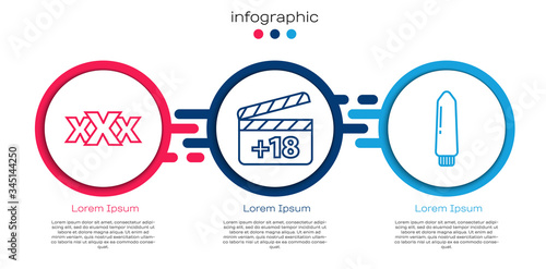 Set line Sex shop, Movie clapper with 18 plus content and Dildo vibrator. Business infographic template. Vector