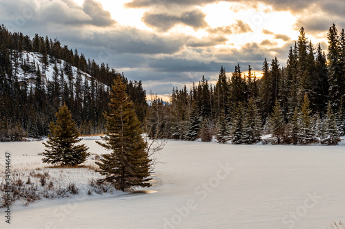 Snow cover the Cascade Ponds. Banff National Park, Alberta, Canada © David
