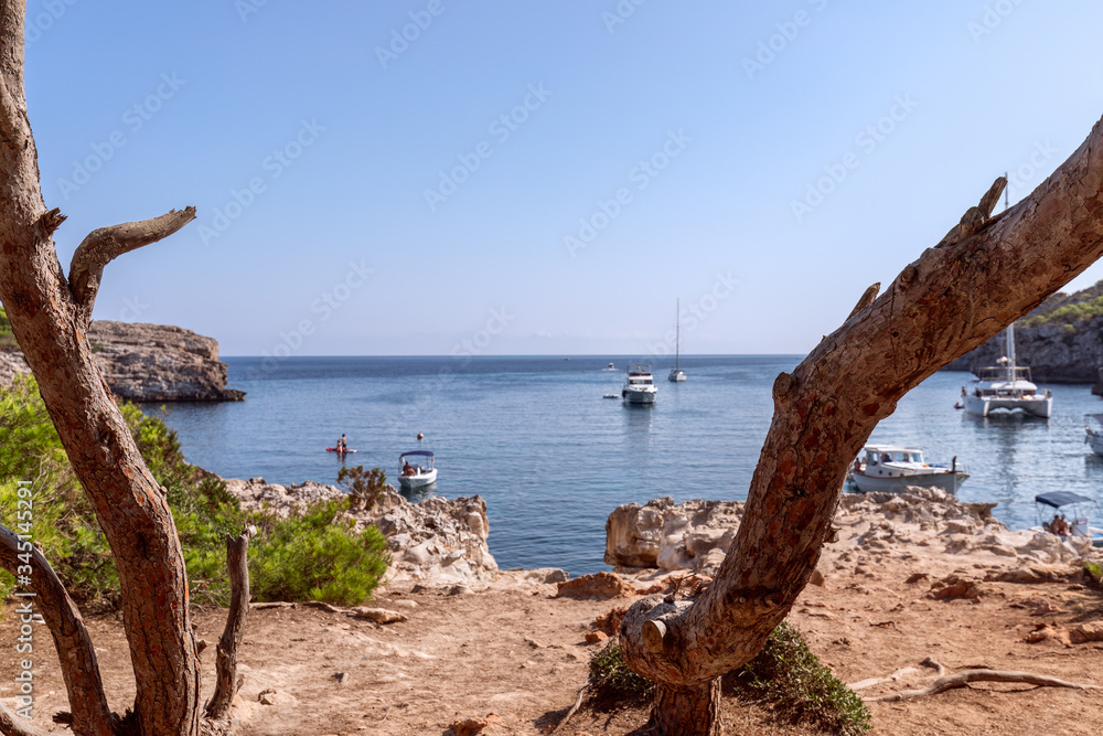 Seascape view of the famous bay Cala Turqueta with trees in the foreground and boats in the sea. Menorca, Balearic islands, Spain