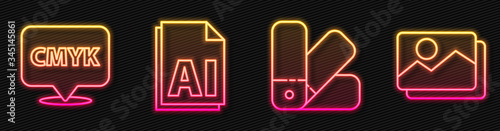 Set line Color palette guide, Speech bubble with text CMYK, AI file document and Picture landscape. Glowing neon icon. Vector