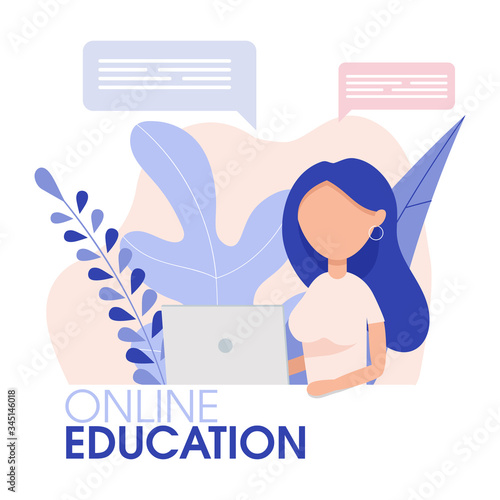 Education concept of online learning. People stay home and study via internet. Computer, smartphone, e-book devices and online course. Flat vector illustration.