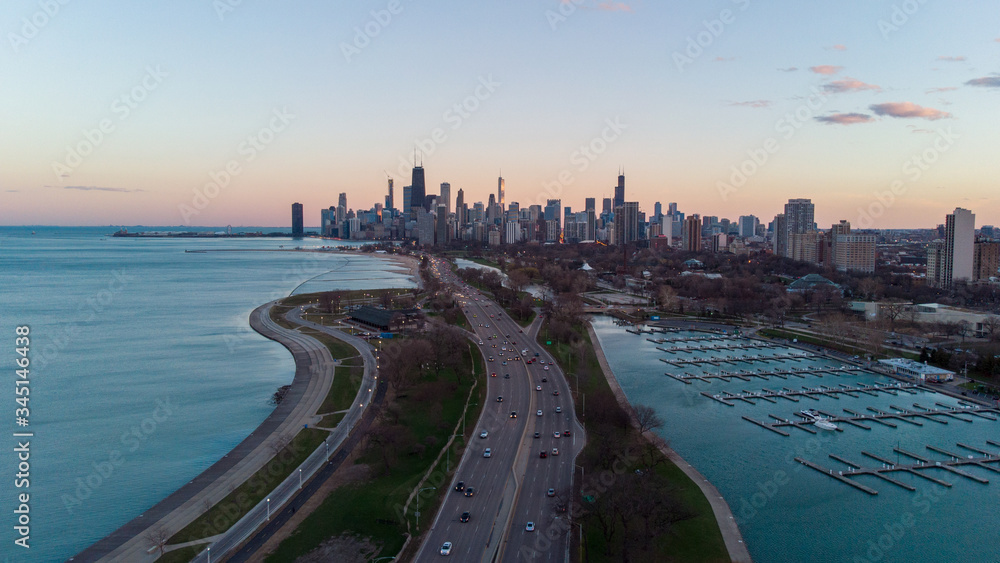 Chicago Aerial Sunset from Lakeshore Drive in Spring 