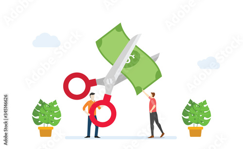 cost reduction or cutting budget finance concept with scissors and people cut money with modern flat style