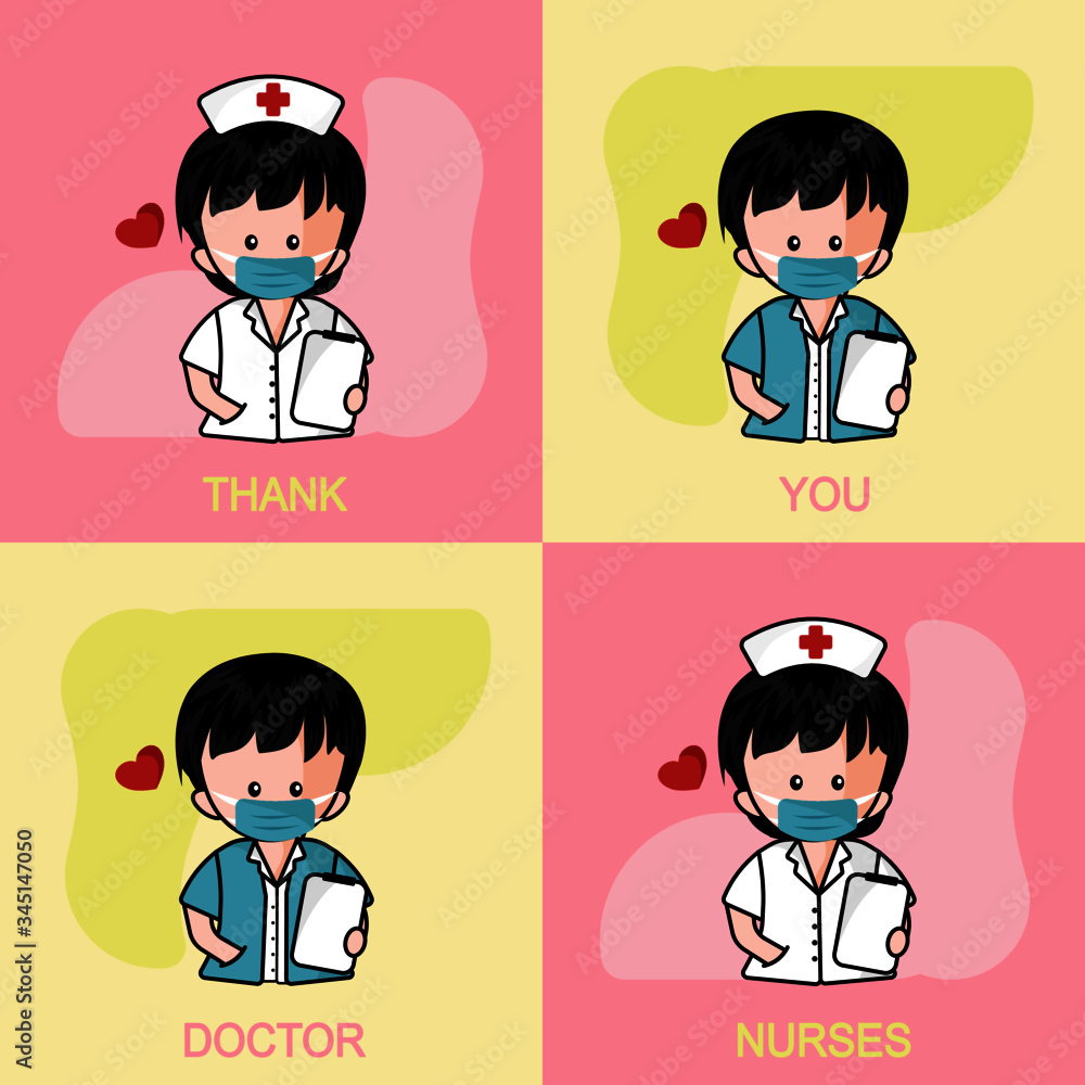 Thank you cute doctor and nurses wearing medical mask to protect patients from covid-19 Thank you cute doctor and nurses wearing medical mask to protect patients from covid-19