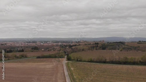 DRONE FOOTAGE - Aerial view of the Fortified city of Carcassonne in France. The Medieval Citadel of Carcassonne from above.