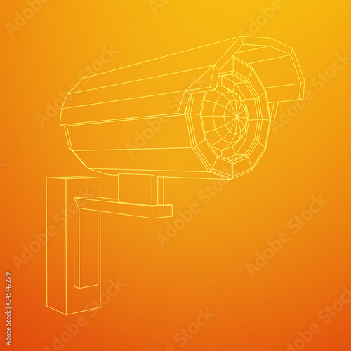 Modern video camera. Webcam viewing area. Safety, security concept. Wireframe low poly mesh vector illustration.